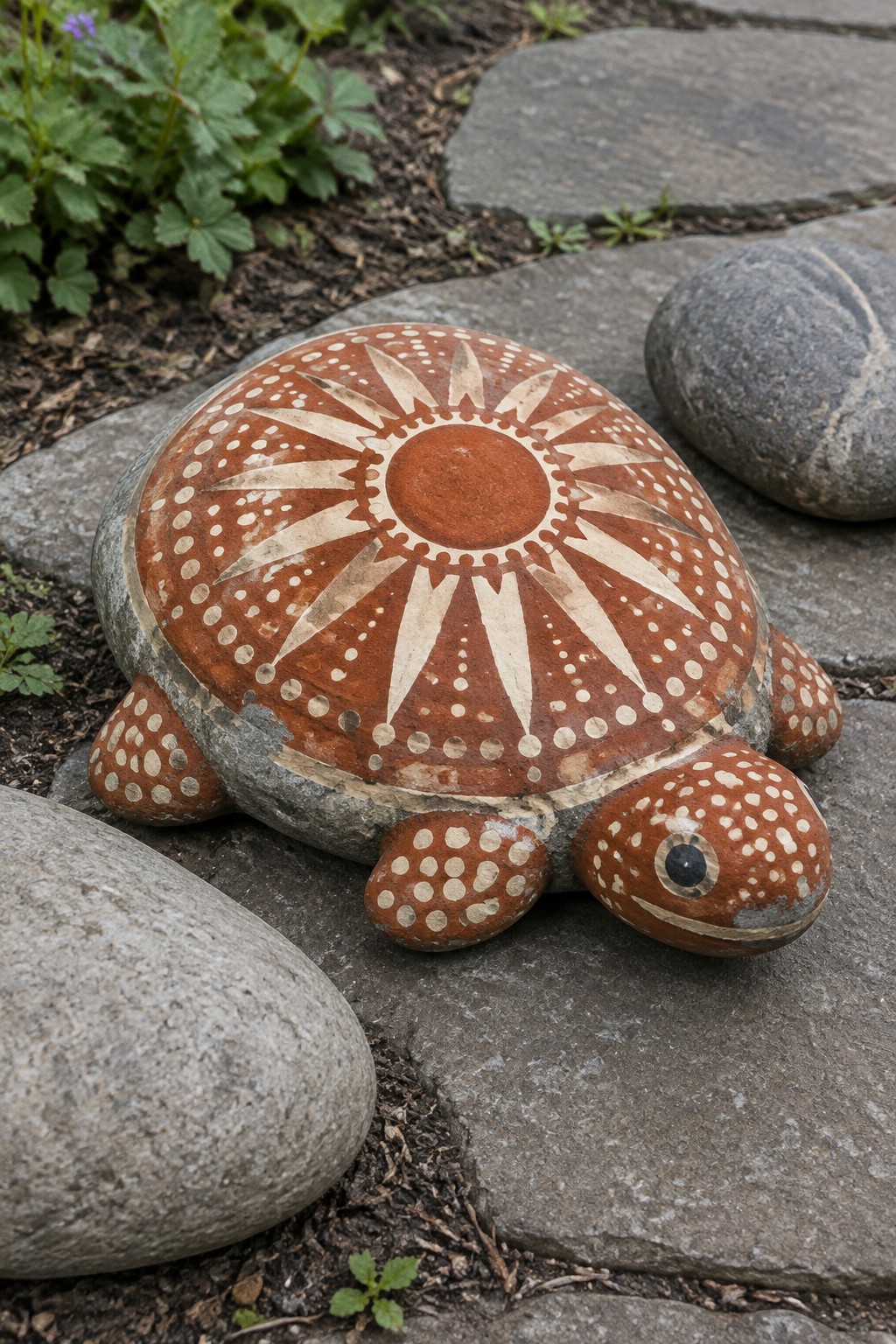 Painted turtle rock with sunburst shell design among garden stones.