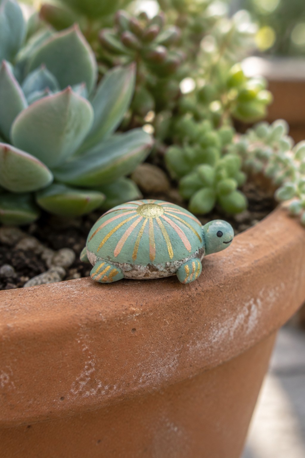 Teal turtle figurine with pink and gold sunburst on terracotta pot rim