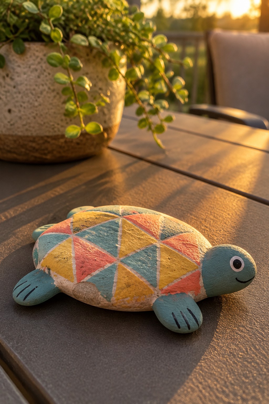 Colorful geometric turtle figurine on wooden table with potted plant at sunset