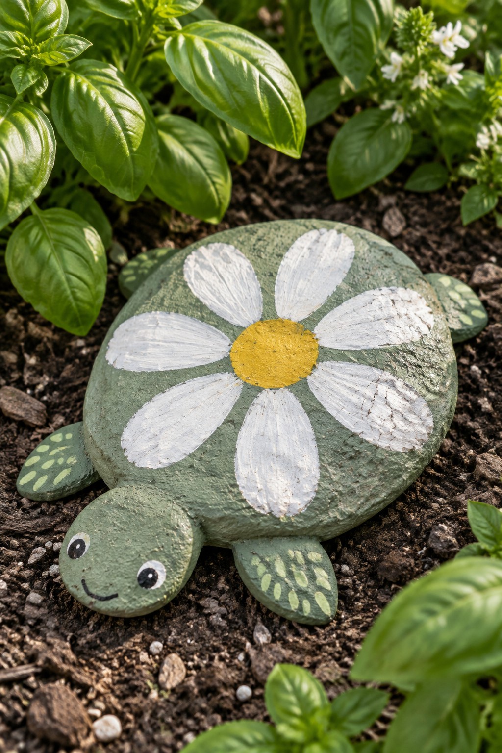 Green painted rock turtle with daisy on shell in garden soil