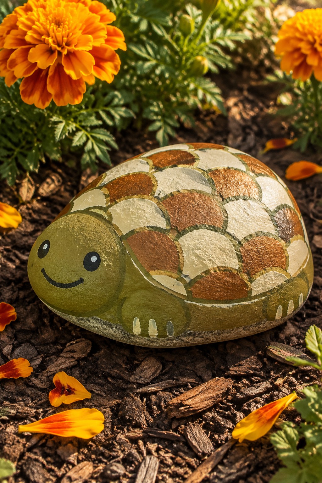 Painted smiling turtle rock with brown-white shell amid orange marigolds on soil