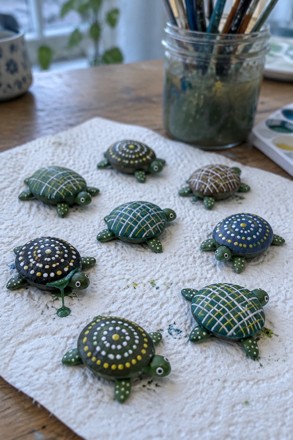 Eight painted turtle rocks with colorful patterns on a paper towel beside paintbrushes.