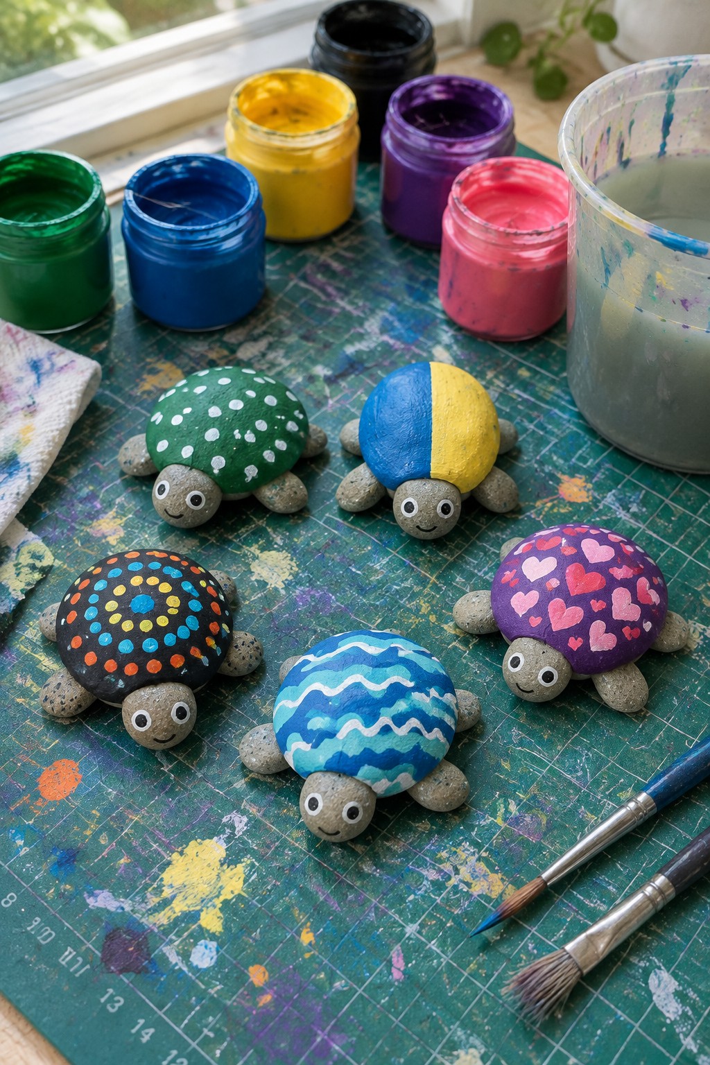 Colorful painted turtle rocks amid open paint jars and brushes on a mat.