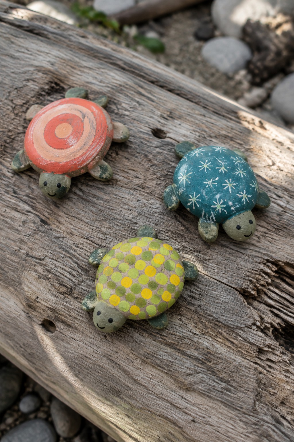Three colorful painted wooden turtles on weathered driftwood with smiling faces.