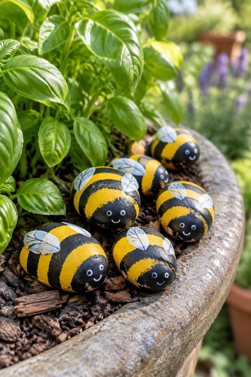 Painted yellow-and-black striped rocks resembling smiling bumblebees in a garden planter