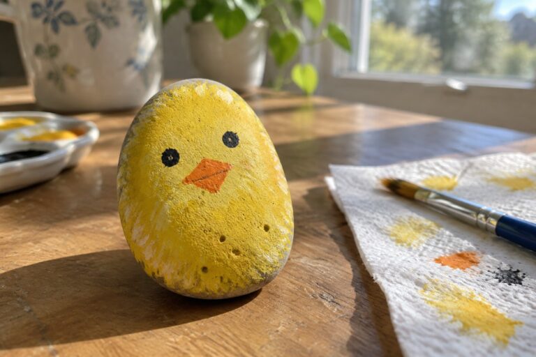 21 Small Rock Painting Ideas Featuring Tiny Animal Illustrations Yellow painted rock chick with black eyes and orange beak on wooden table