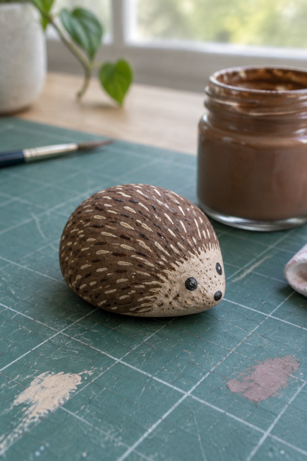 Painted brown-and-white hedgehog stone on green gridded mat beside paint jar