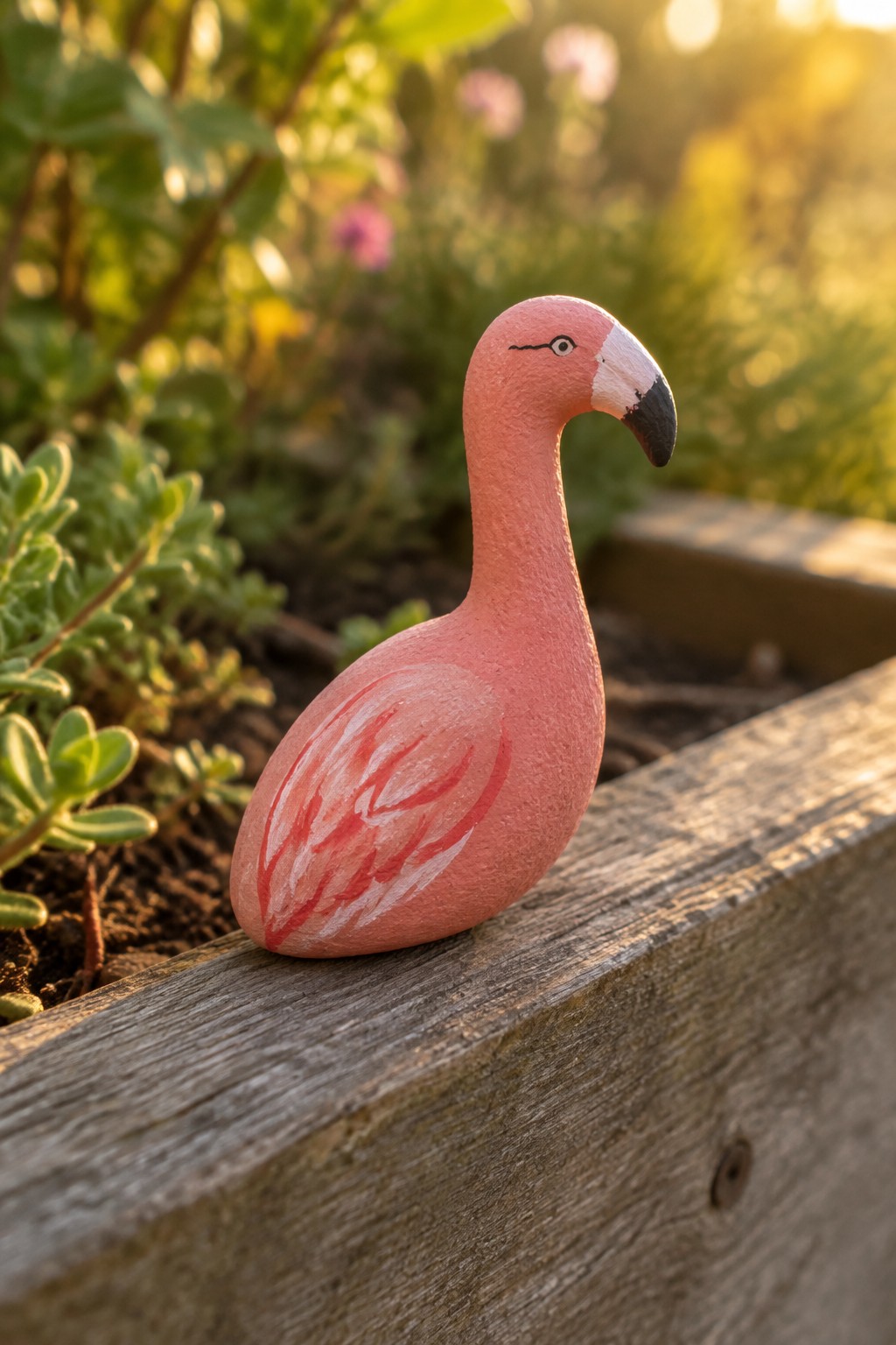 Pink wooden flamingo figurine on a sunlit garden planter edge.