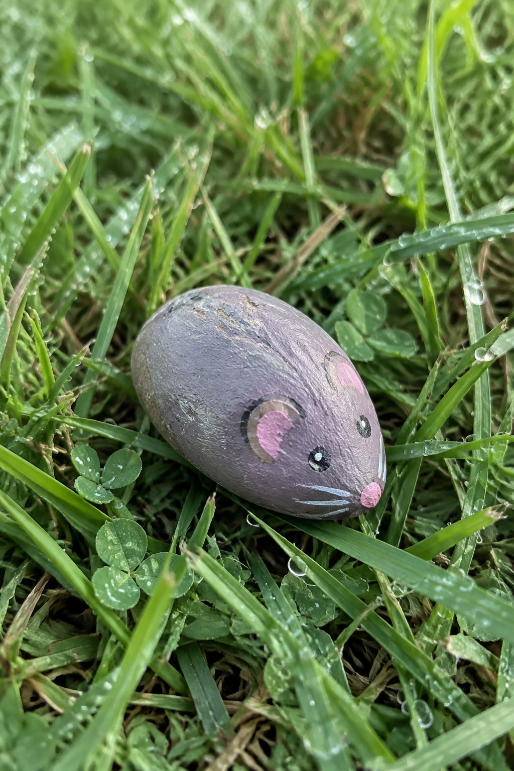 Purple painted rock with mouse face on dew-covered green grass