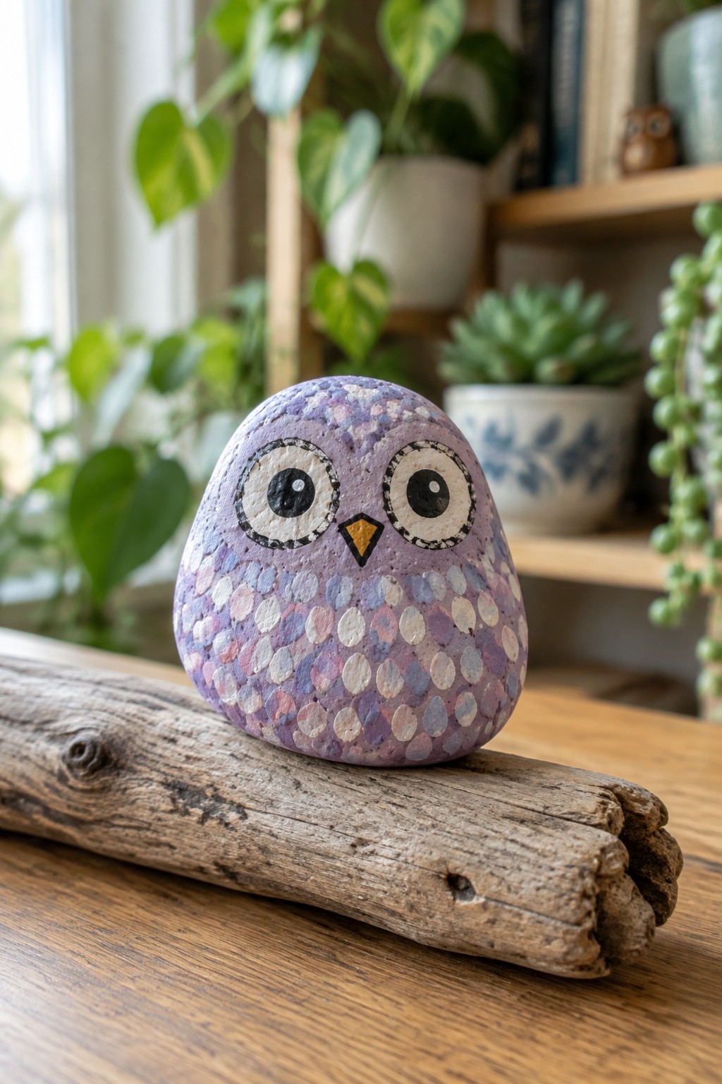A small rounded rock painted purple as an owl with large eyes and a body covered in pastel overlapping ovals rests on driftwood.