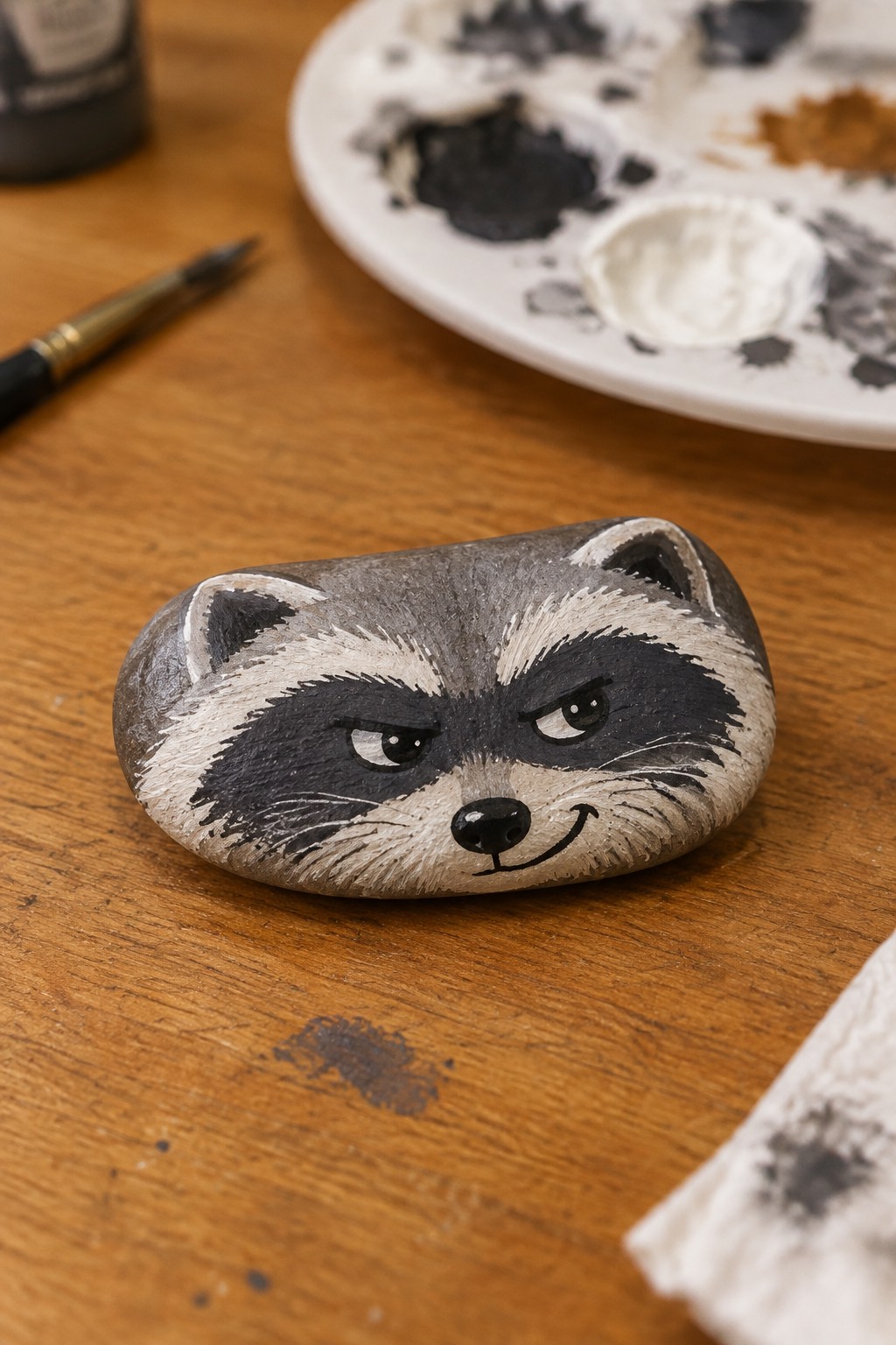 Painted raccoon-faced rock on wood table with paint palette, brush, and rag nearby