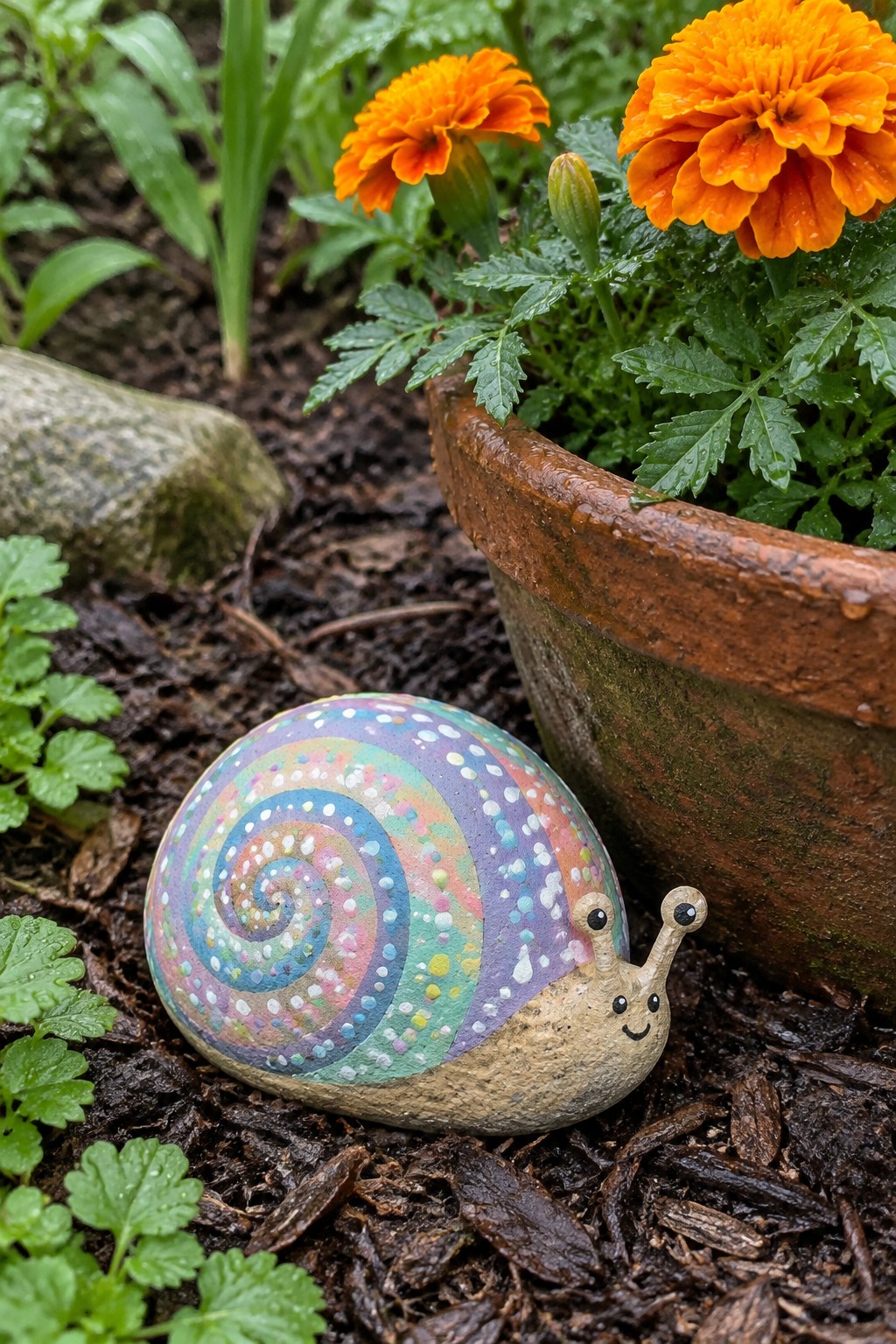 Painted rainbow snail rock beside orange marigolds in terracotta pot on mulch