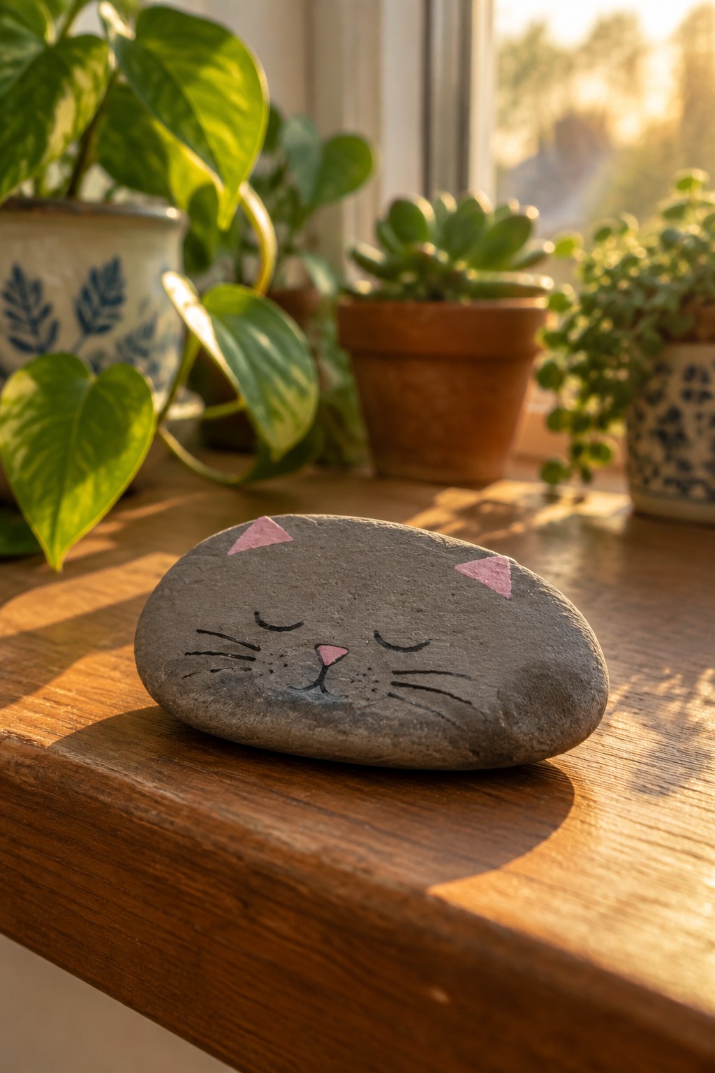 Cat face painted on gray stone on sunny wooden windowsill with potted plants