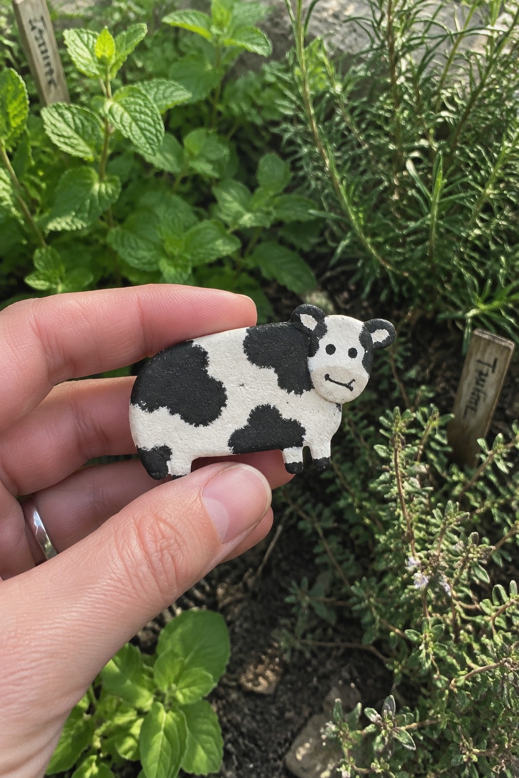Hand holding black-and-white spotted cow figurine amid lush garden herbs.