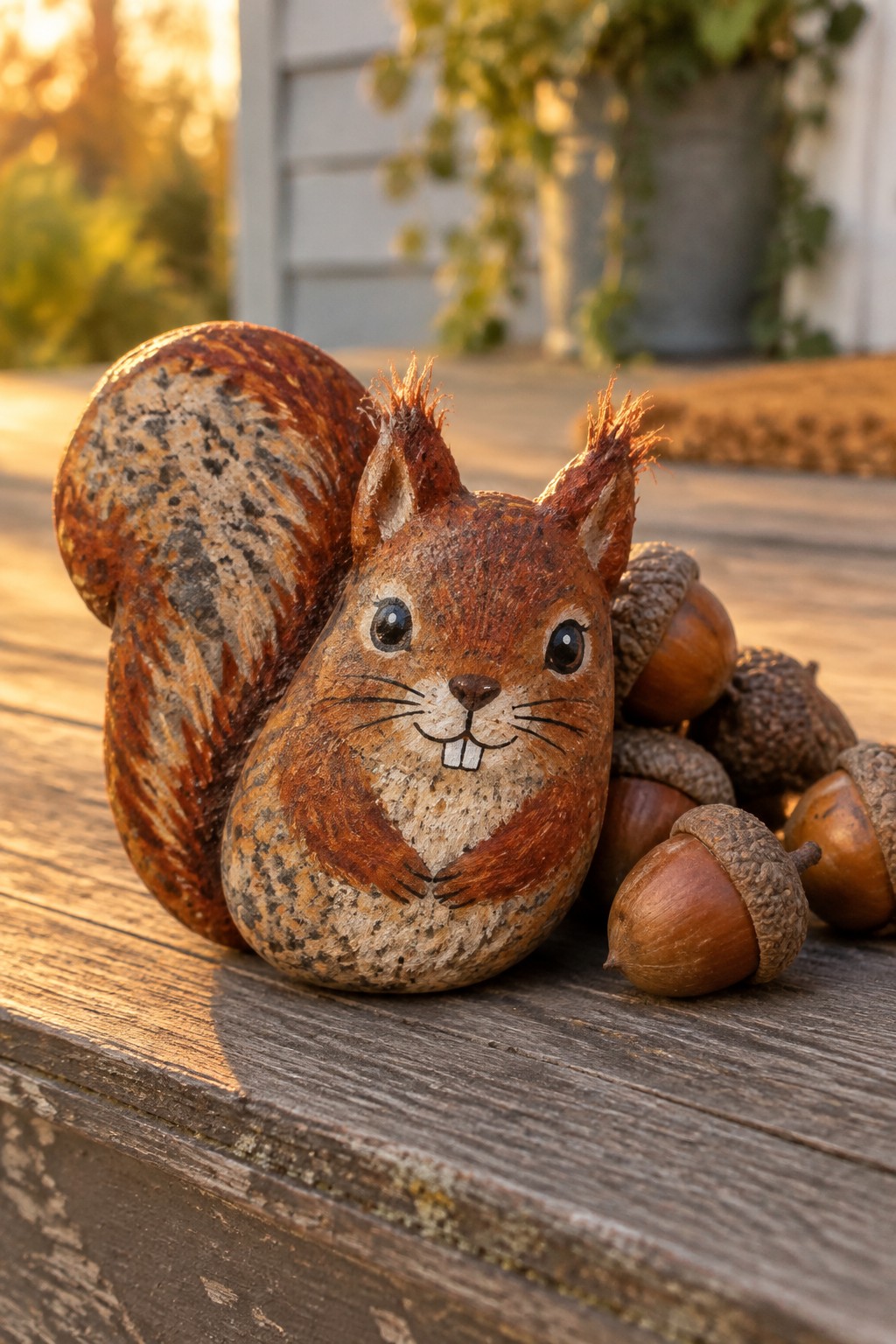 Painted rock squirrel with acorns on sunlit wooden surface
