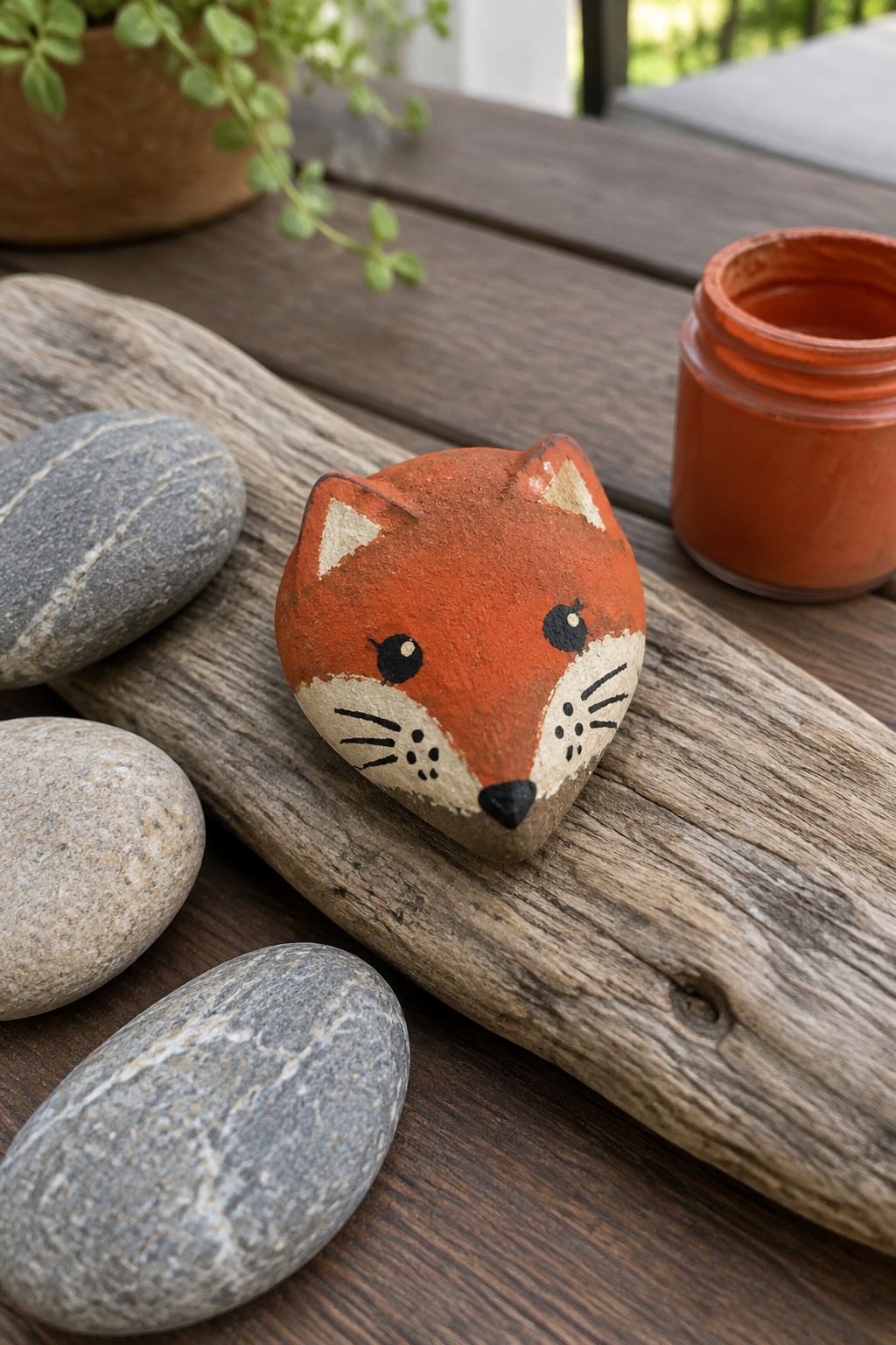 Painted orange fox rock on wood with gray stones and open paint jar