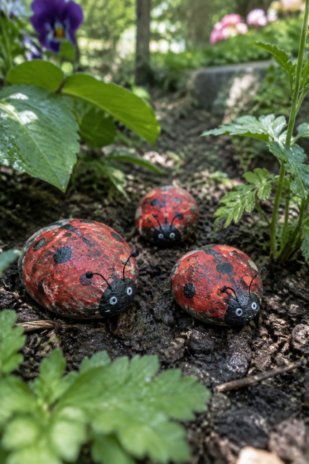 Three red-and-black painted ladybug rocks with antennae on wet soil amid leaves