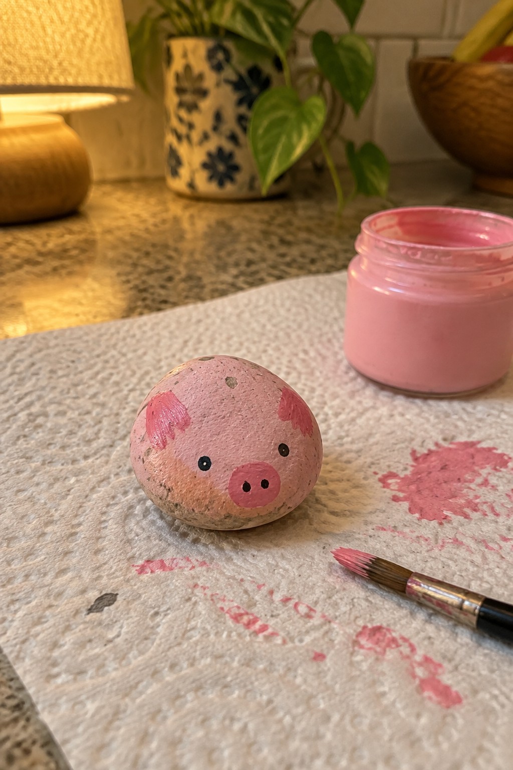A small round rock painted pink as a pig face rests on a paper towel beside a jar of pink paint and a brush.