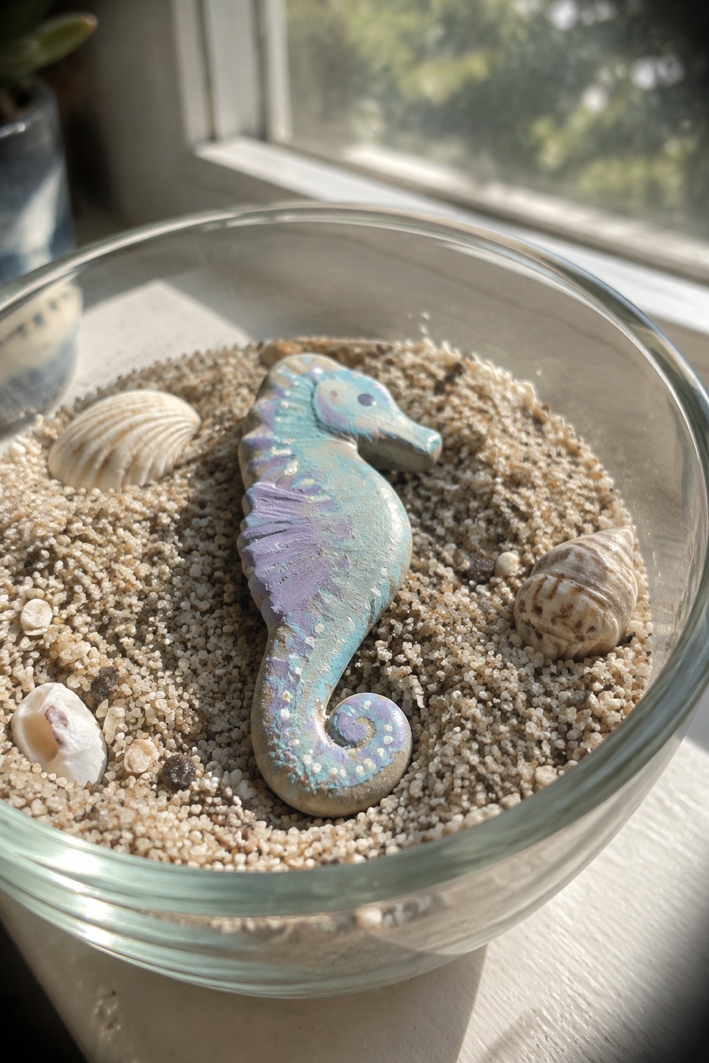 Colorful ceramic seahorse nestled in sand with seashells inside a glass bowl
