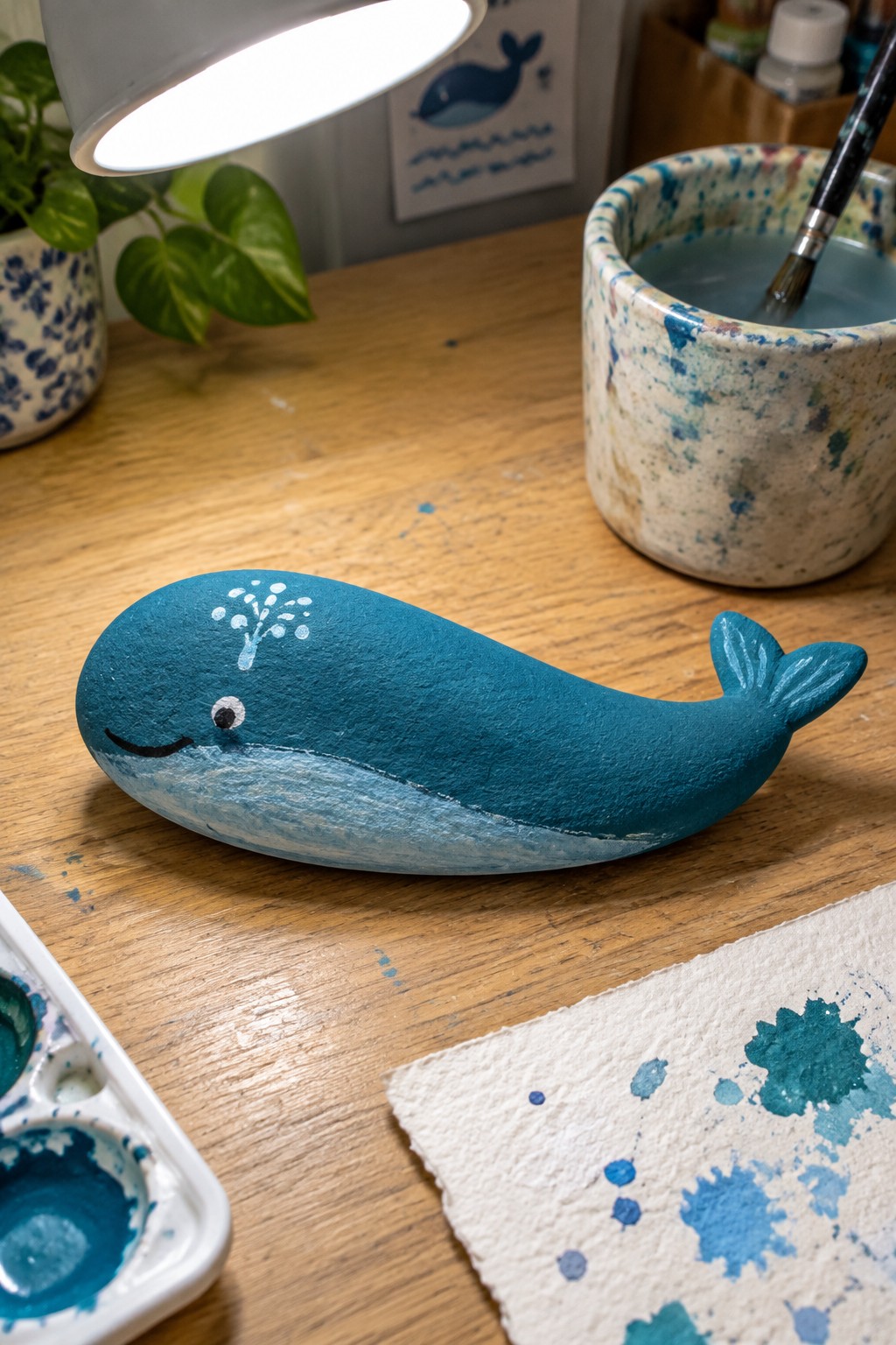 Teal painted whale figurine with smiling face on wooden desk amid art supplies