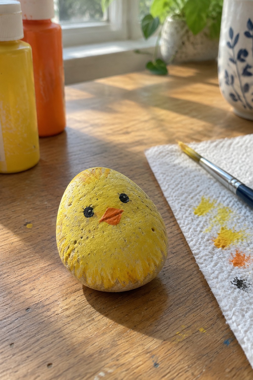 Yellow painted rock chick with black eyes and orange beak on wooden table