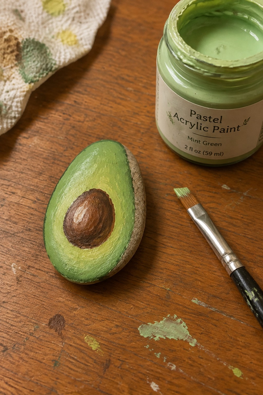 Painted avocado rock beside mint green paint jar and brush on wooden table