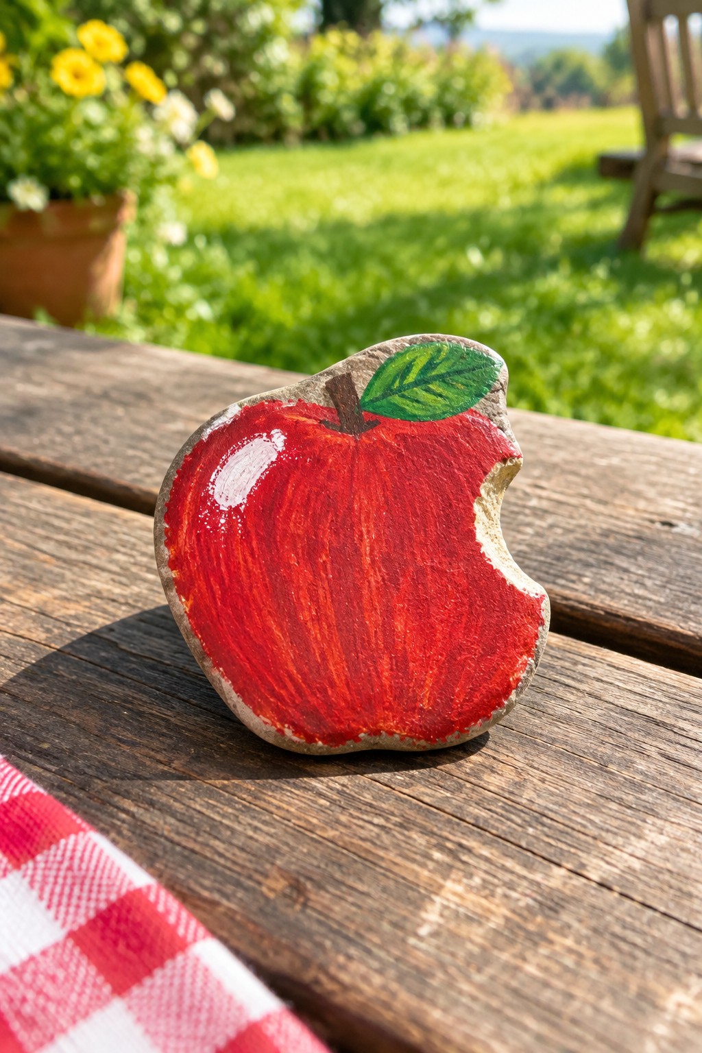 Red bitten apple painted on stone atop wooden picnic table with checkered cloth