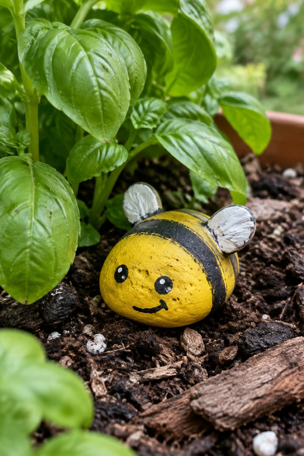 A small yellow and black striped rock painted as a bee with a smiley face and white wings sits in soil among green basil plants.