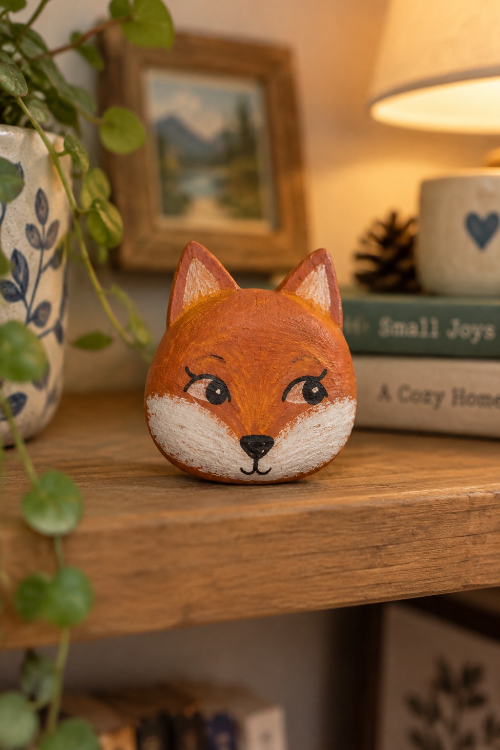 Hand-painted wooden fox head with orange fur and white face on shelf.