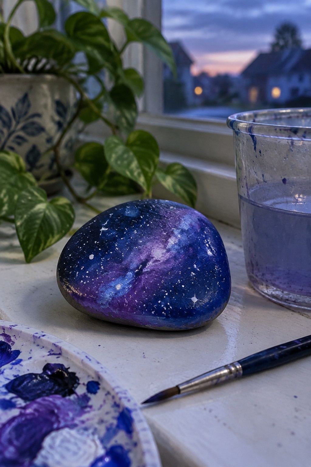 Galaxy-painted rock on windowsill beside palette, brush, purple water jar and plant