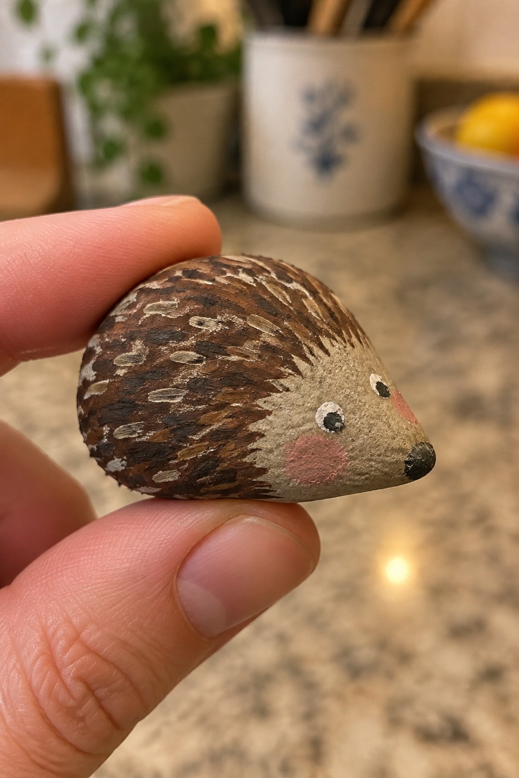 Fingers holding a small painted stone hedgehog with brown spikes, pink cheeks, and black nose.