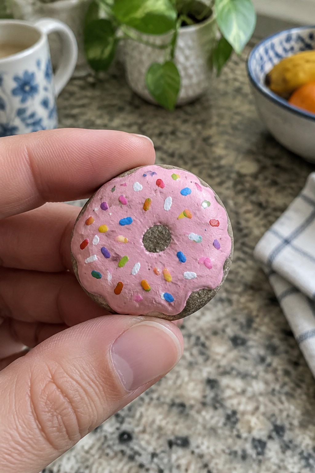 Hand holding a small painted rock donut with pink icing and sprinkles.