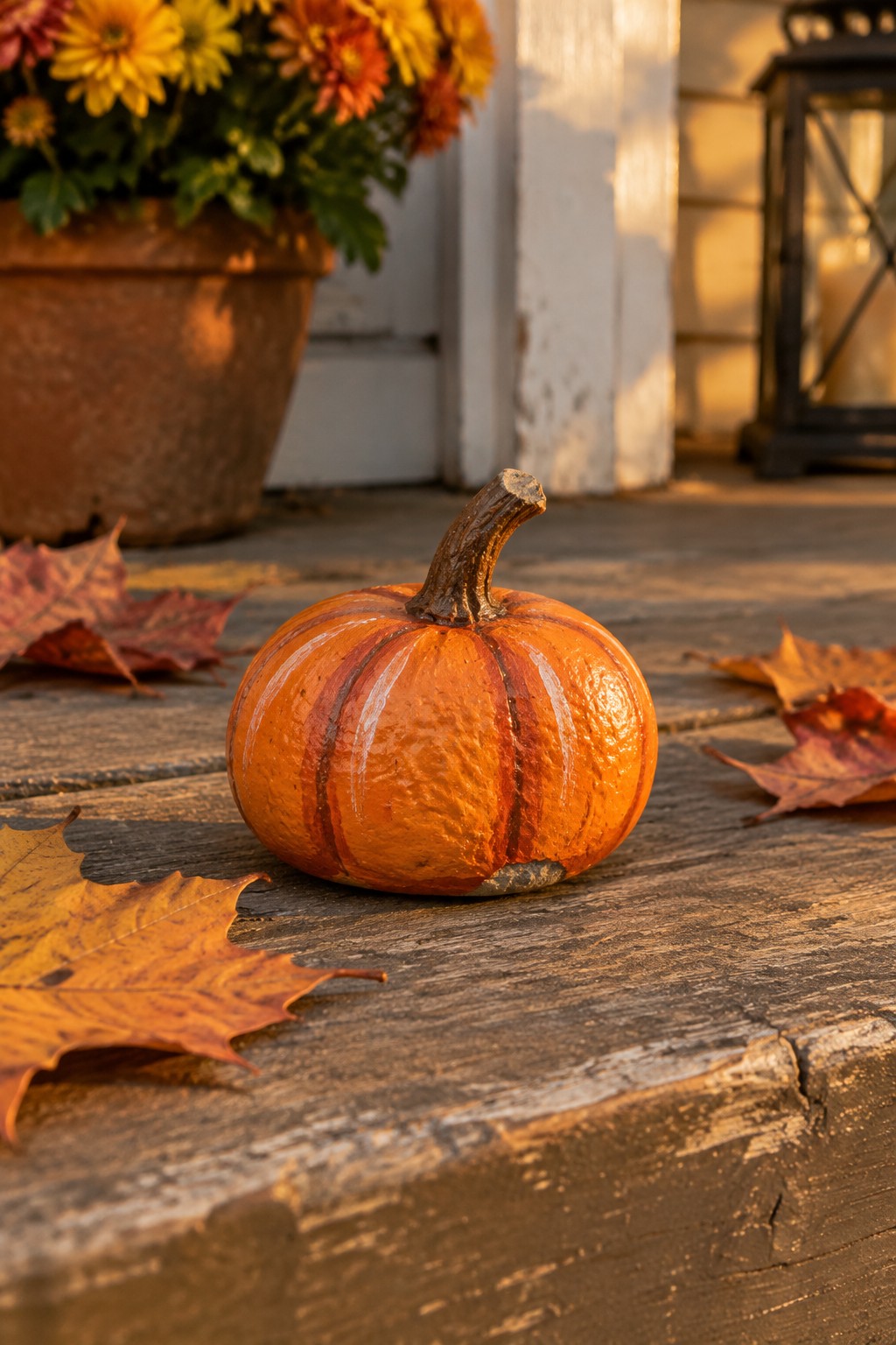 Small painted orange pumpkin with stripes on wooden porch amid autumn leaves