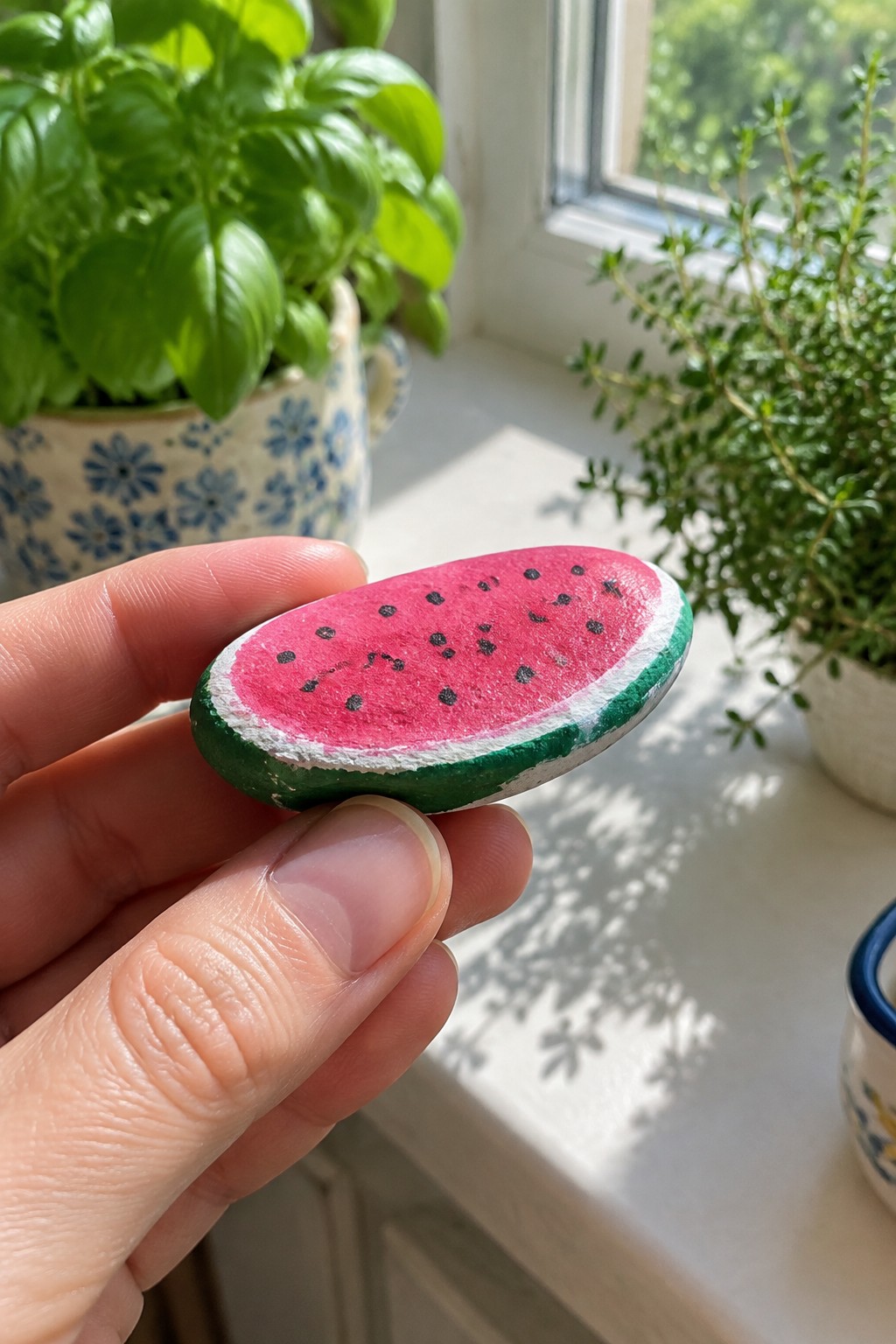 Hand holding oval stone painted pink with black seeds and green rind.