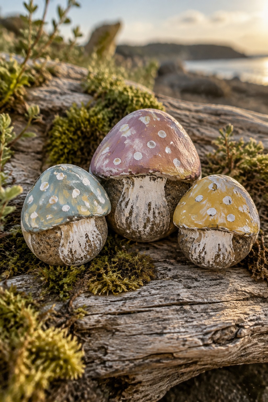Three colorful painted mushrooms on mossy driftwood by the sea at sunset