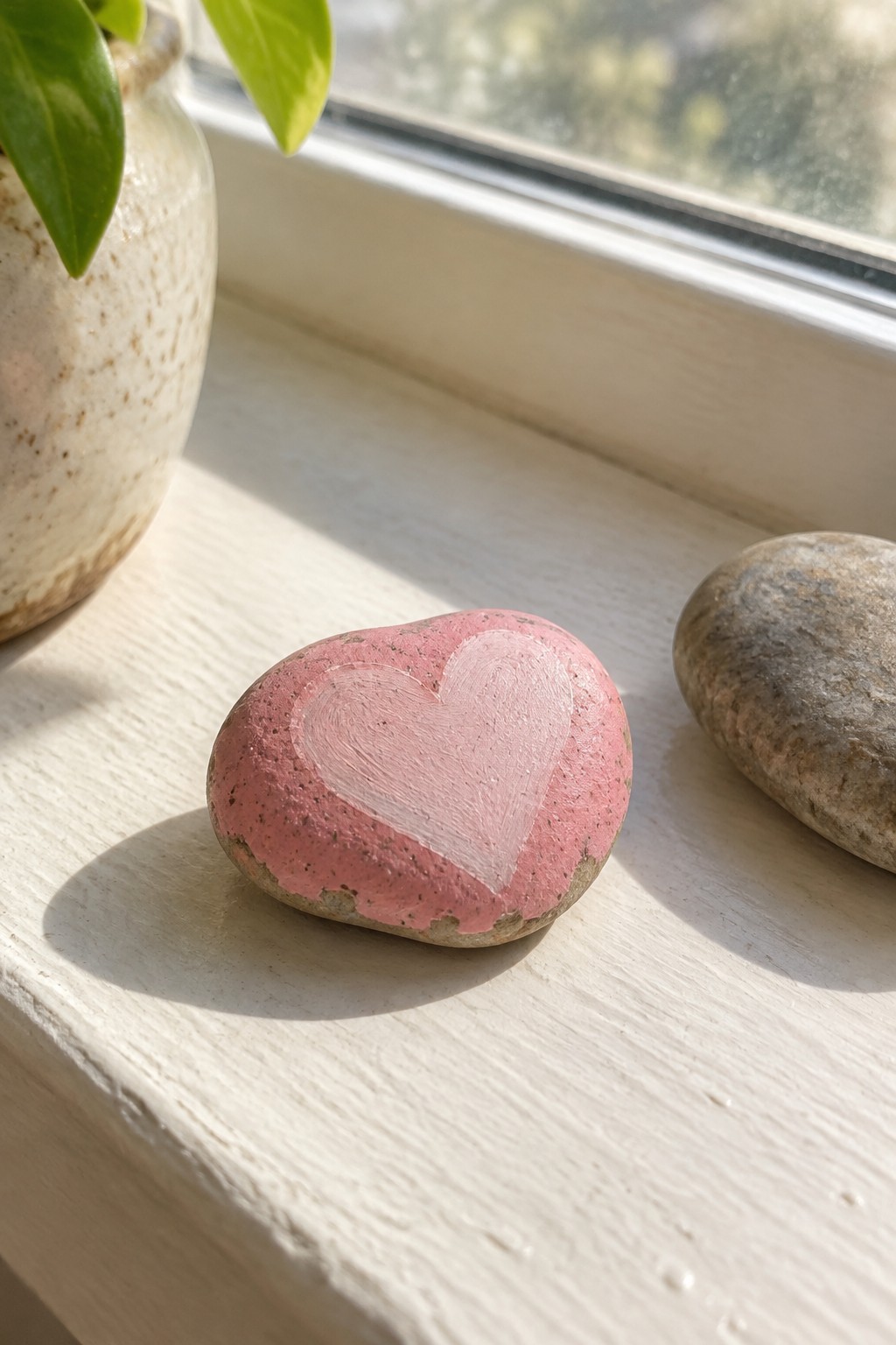Pink-painted heart-shaped rock with white heart on sunlit windowsill beside plant
