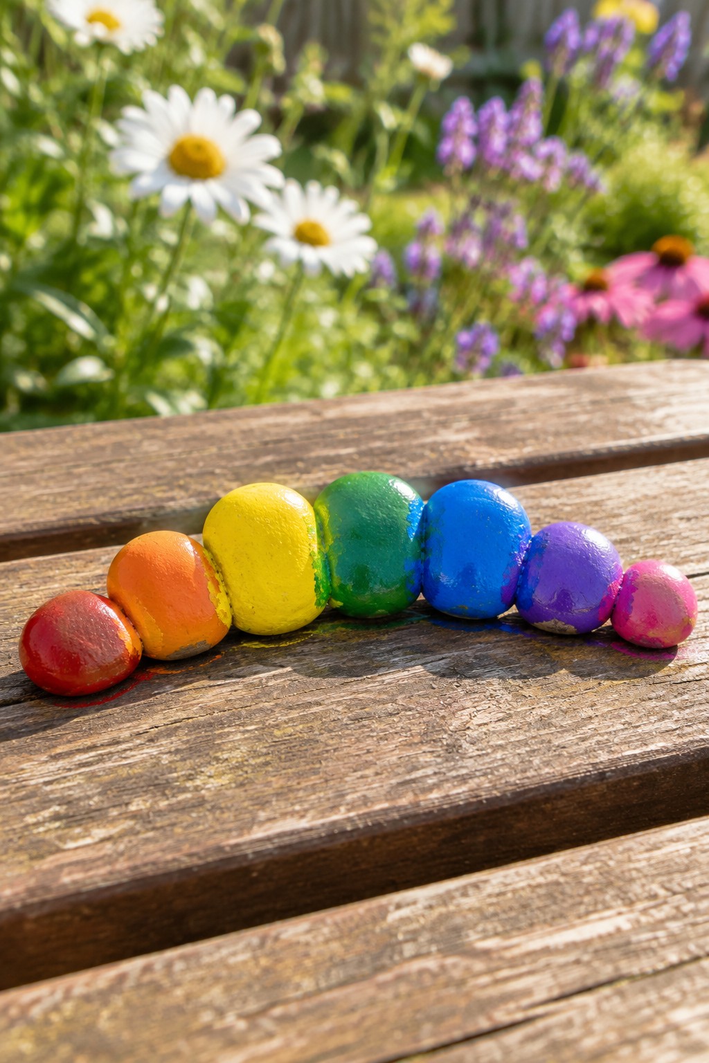 Rainbow-painted rocks arranged in a row on a wooden garden bench