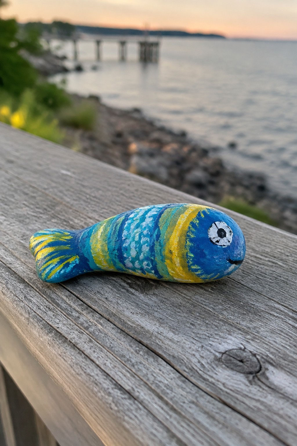 Colorful blue-yellow striped fish painted on rock atop weathered wooden railing by water.