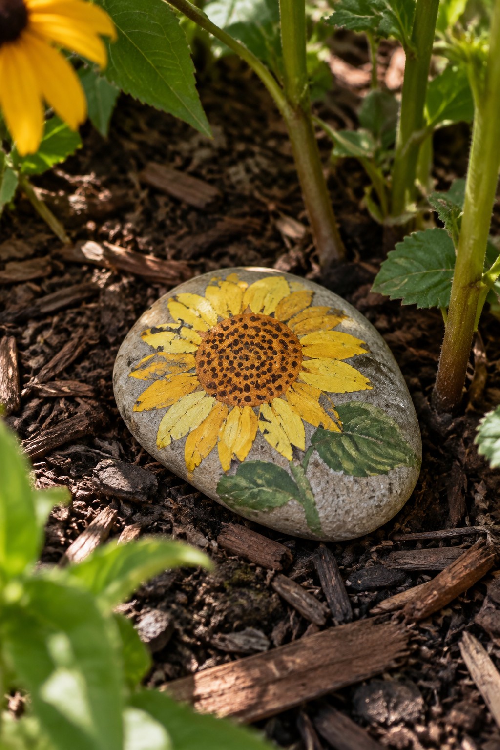 Sunflower painted on gray stone amid mulch and green garden plants.