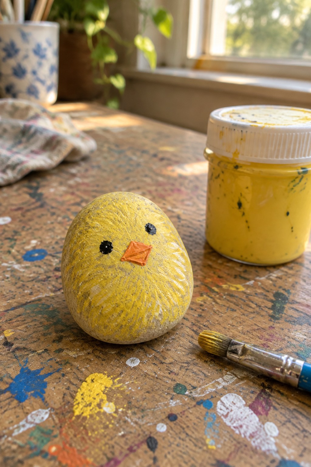 Yellow rock painted as chick with black eyes and orange beak on paint-splattered table.