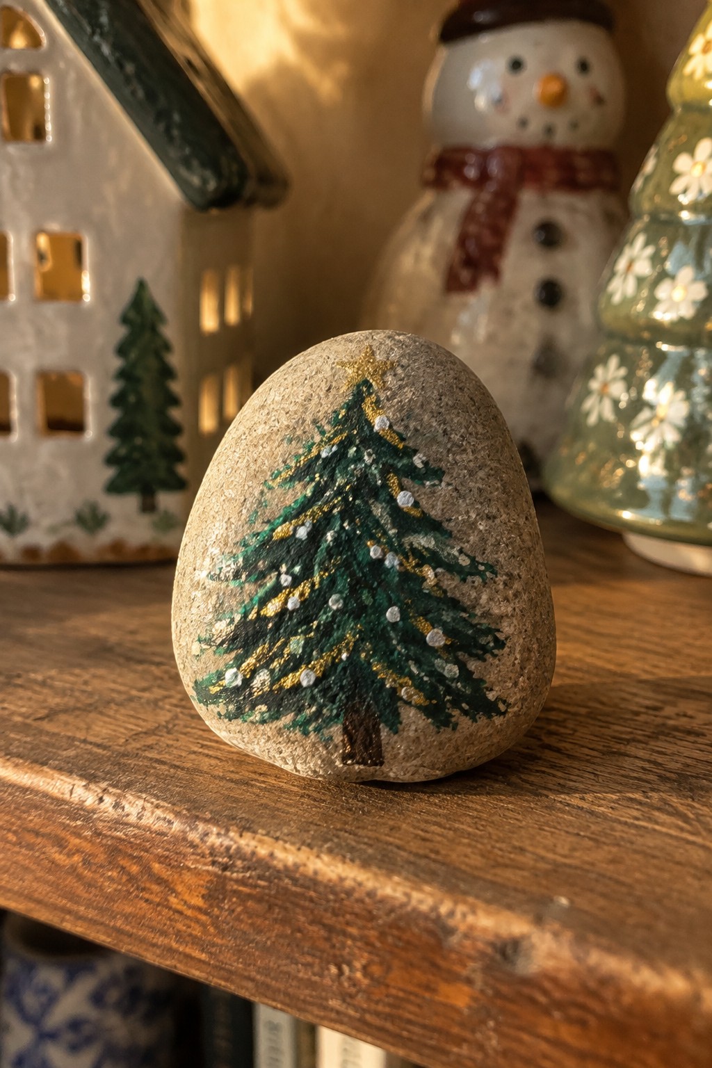 Painted rock with green Christmas tree, gold star and snow dots on wooden shelf.