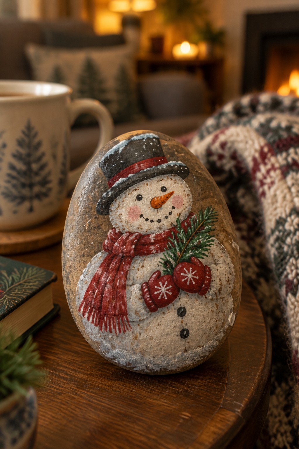 Painted rock snowman with black hat, red scarf, and mittens on wooden table