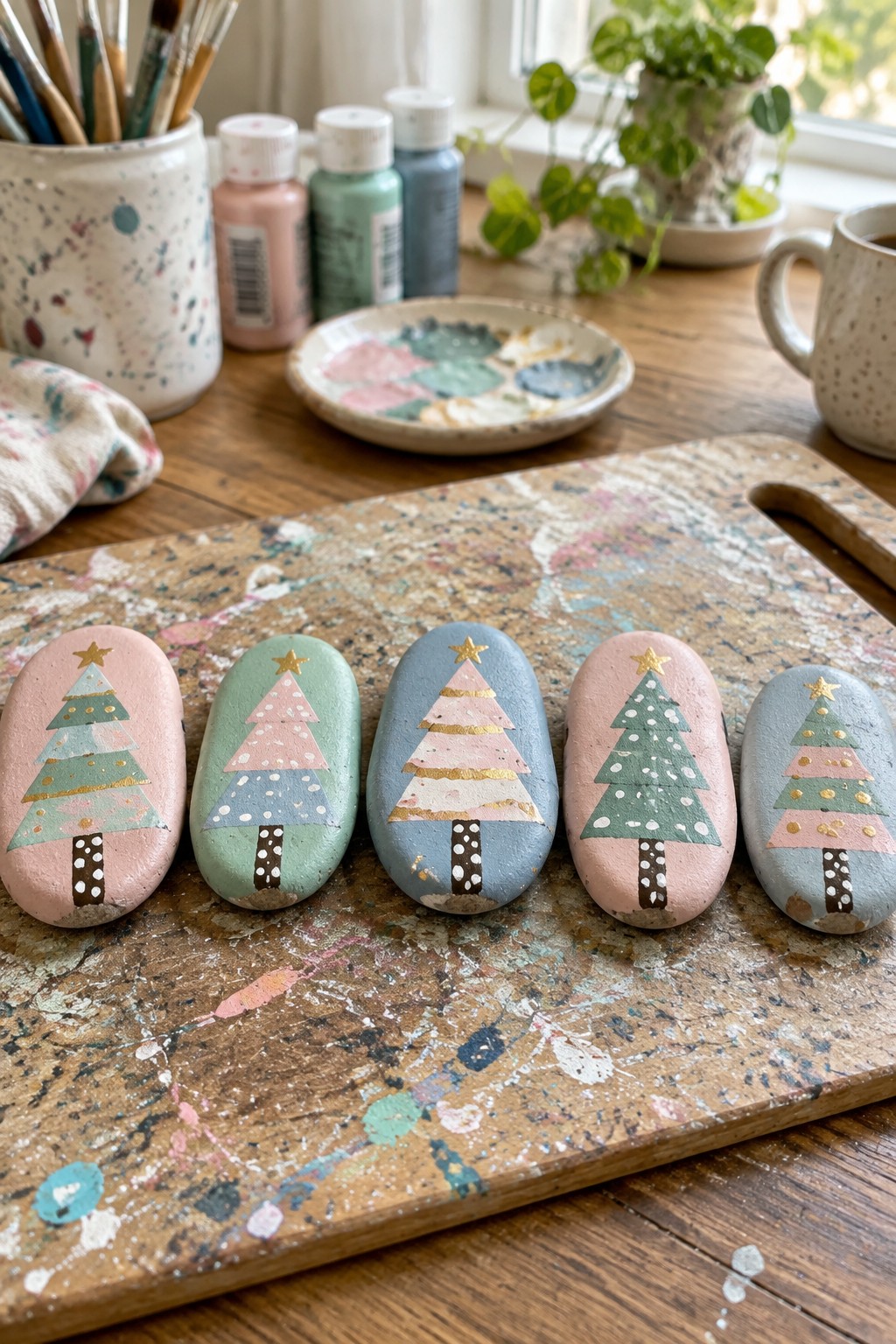 Five pastel painted rocks with Christmas tree designs on wooden board