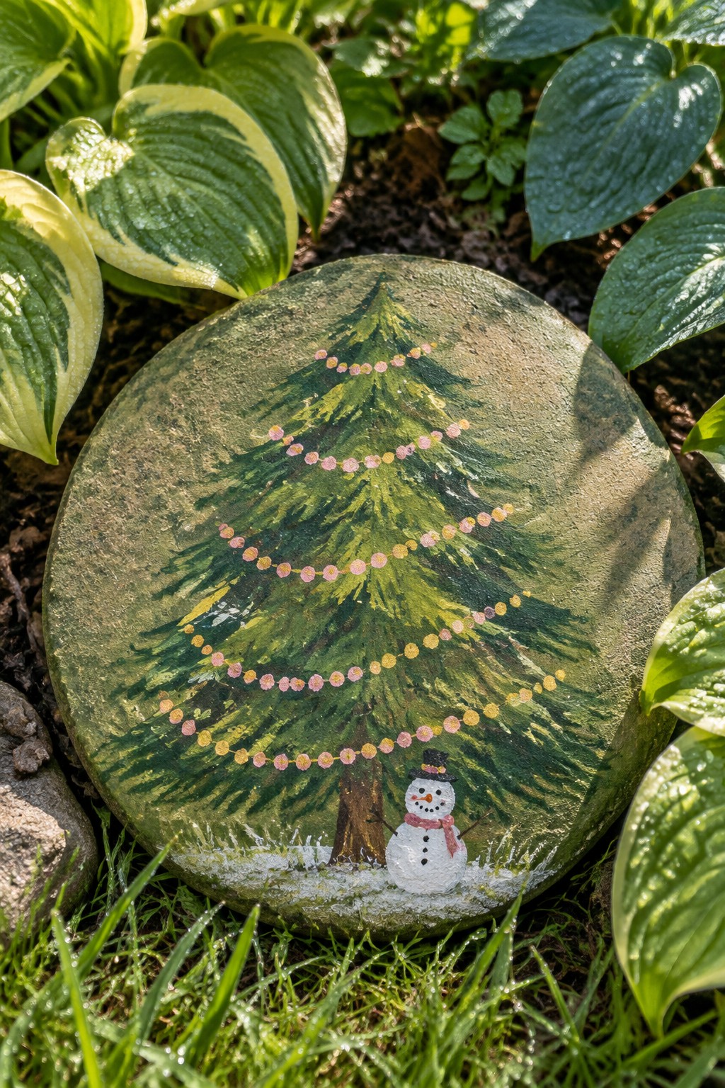 Painted rock with Christmas tree, pink-yellow garlands, and snowman amid hostas.