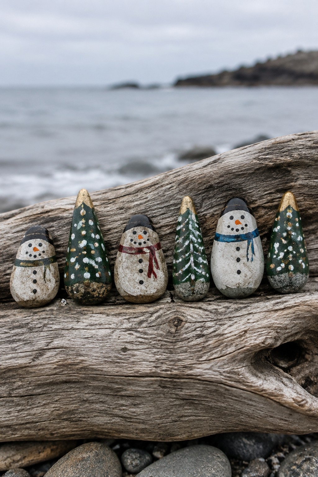 Six painted rocks as snowmen and Christmas trees on driftwood by the sea.