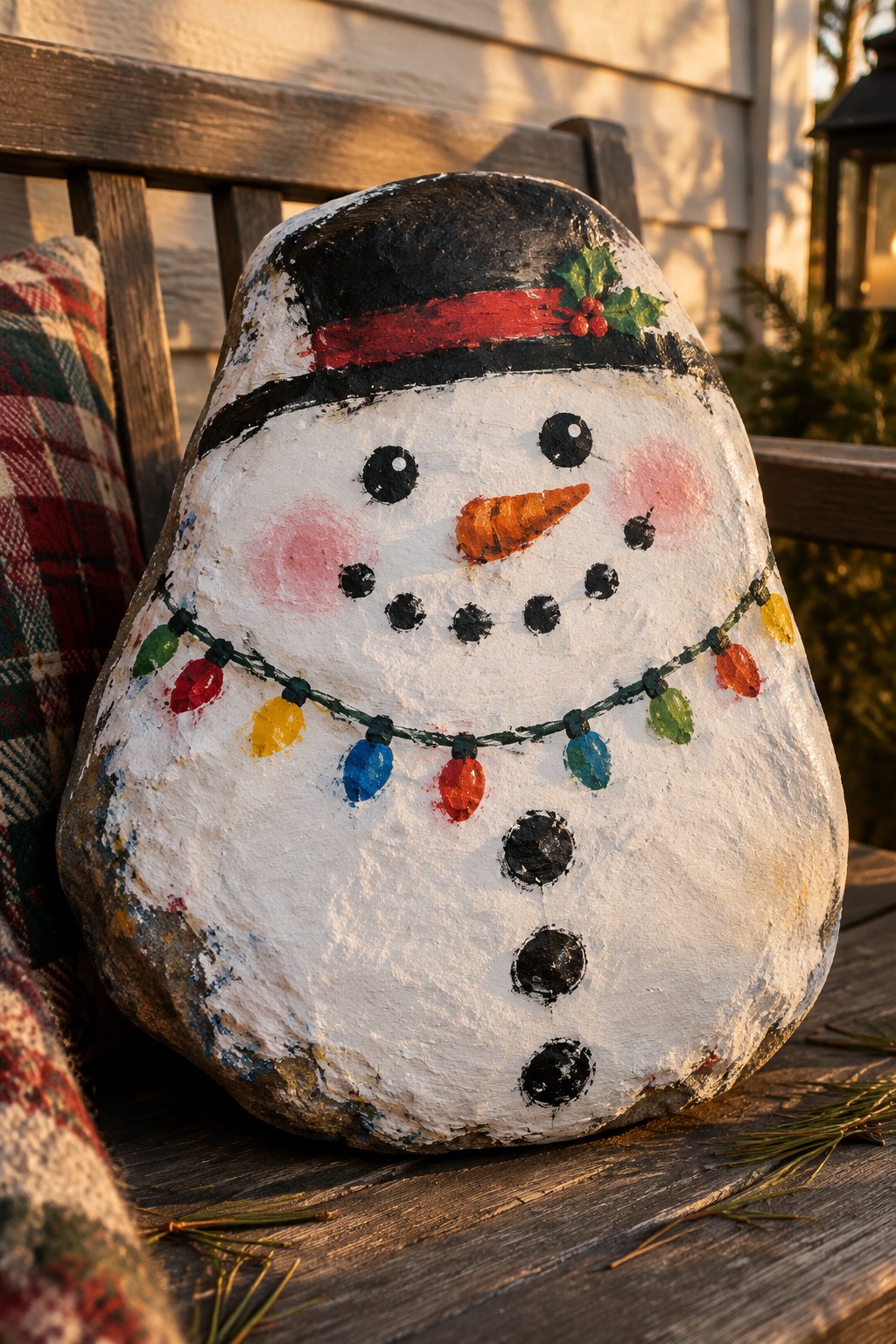 Painted rock snowman with black hat, rosy cheeks, and colorful string lights on bench