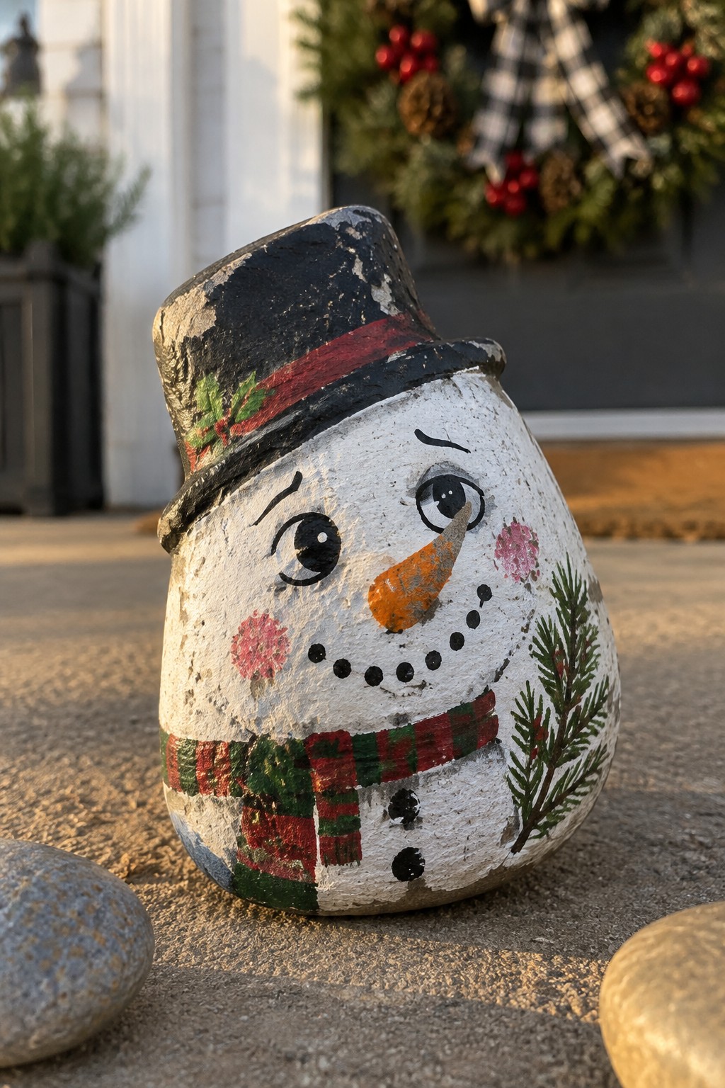 Painted rock snowman with black top hat, plaid scarf, orange nose, and pine branch.