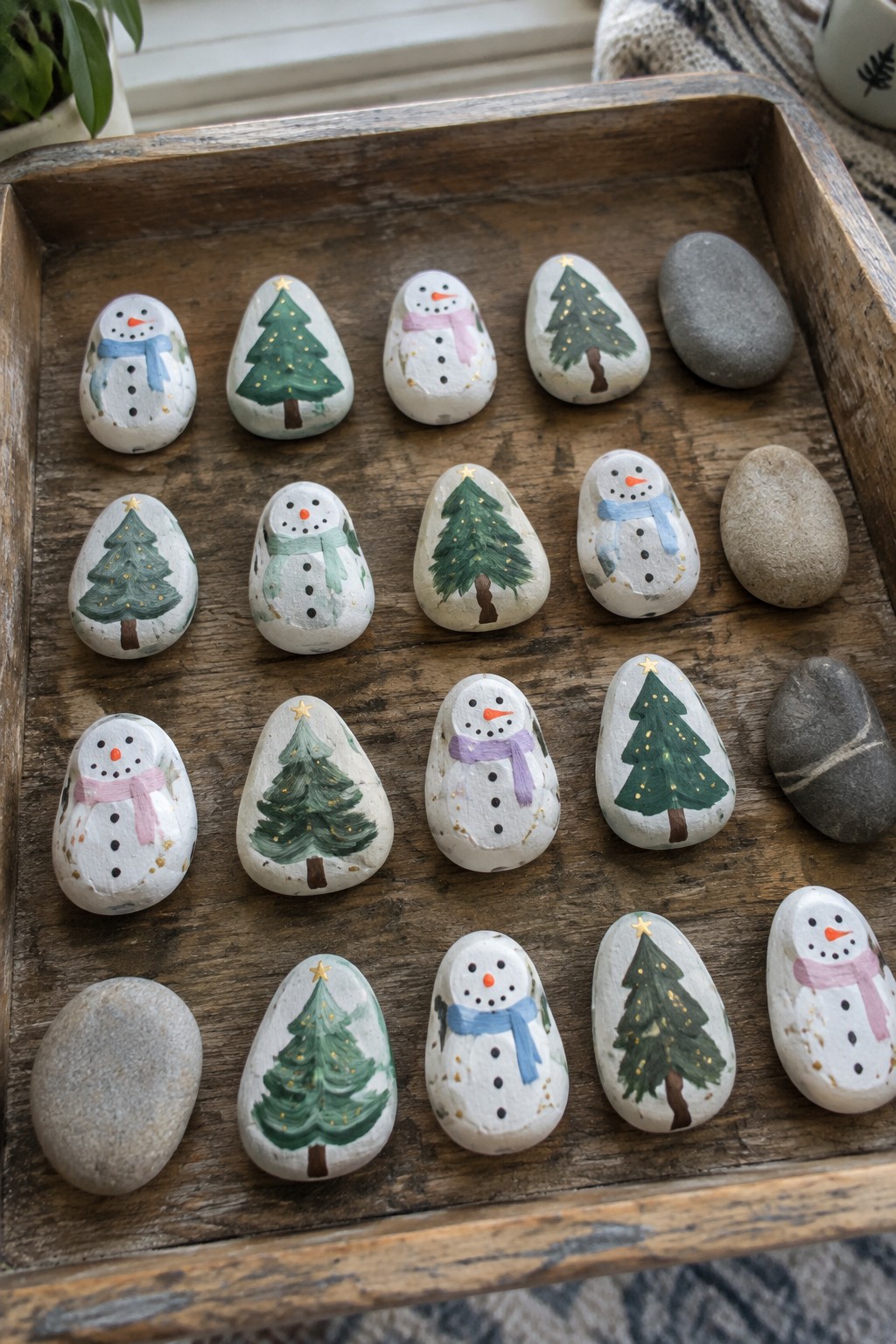 Painted rocks with snowmen and Christmas trees arranged in a rustic wooden tray.