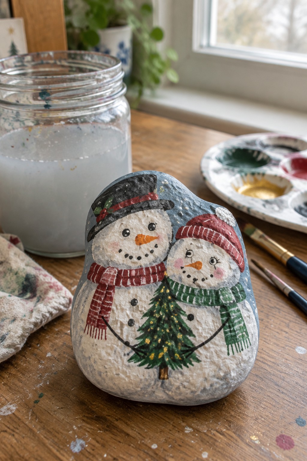 Painted rock snowmen in hats and scarves holding a decorated Christmas tree on wooden table.