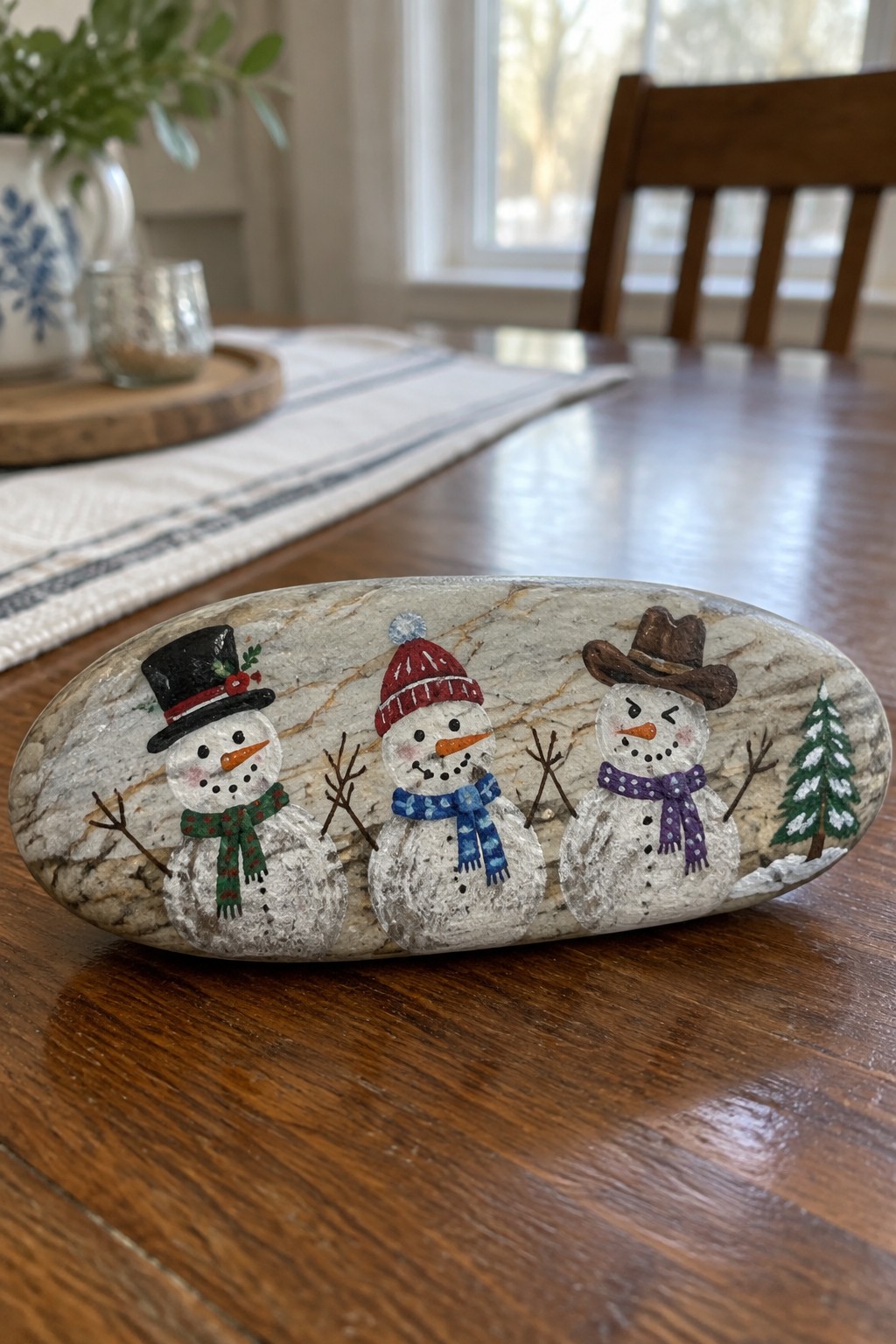 Painted rock with three snowmen in top hat, red beanie, and cowboy hat.